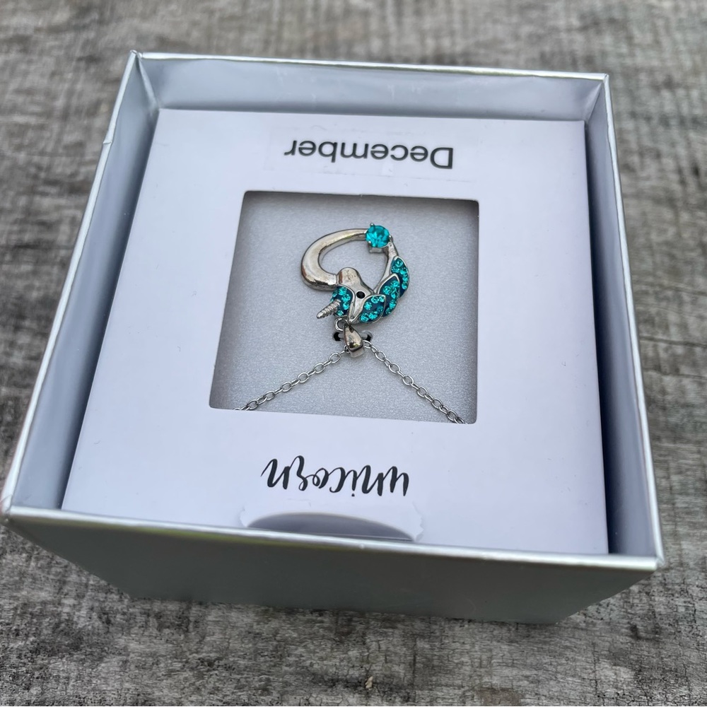 December turquoise blue and silver heart unicorn necklace - Picture 4 of 6